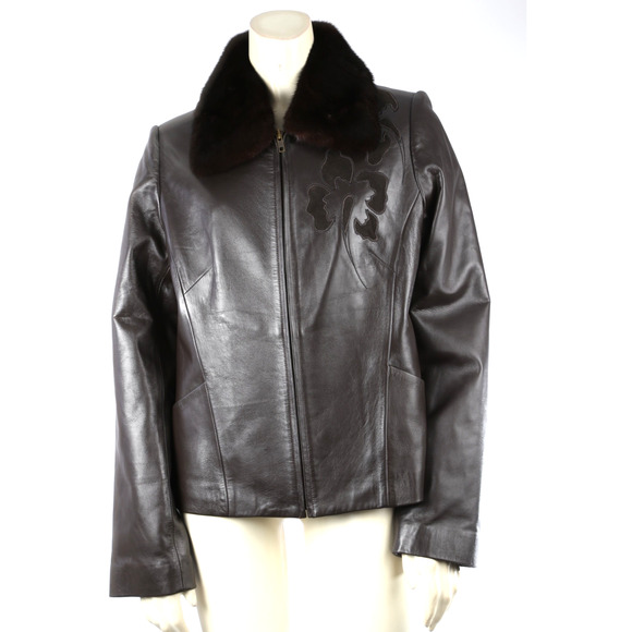 Brown Leather Mink Fur Collar Zipper Jacket Size M - Picture 1 of 11